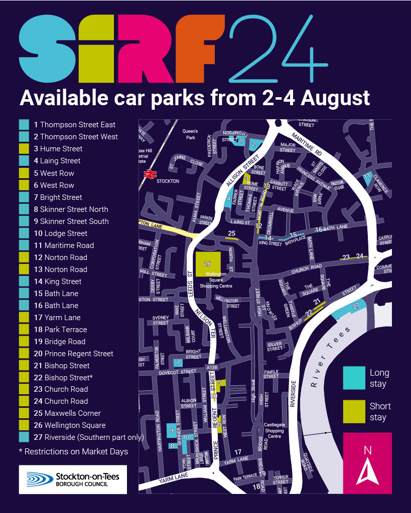 SIRF_Stockton's tweet photo. 🤔 Wondering where to park for SIRF? Don't worry, we've got you covered!

🚗 Here's a map of all the car parks that will be open during SIRF. Please be aware of any charges or restrictions if using a private car park.

🔗 Full details at https://t.co/gvCGXypBiw https://t.co/jaH2lLEFh2