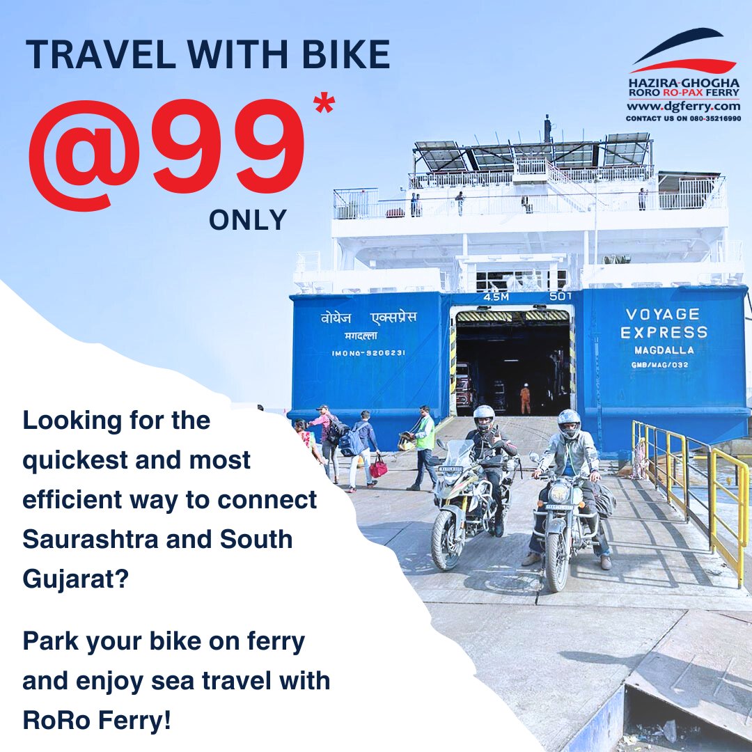 DGSeaconnect's tweet image. Park your bike and travel with us!

Looking for the quickest and most efficient way to connect Saurashtra and South Gujarat? Look no further! Say goodbye to traffic woes and hello to smooth, speedy ferry travel. 🌟

#FastestRoute #TravelSmart #EfficientCommute