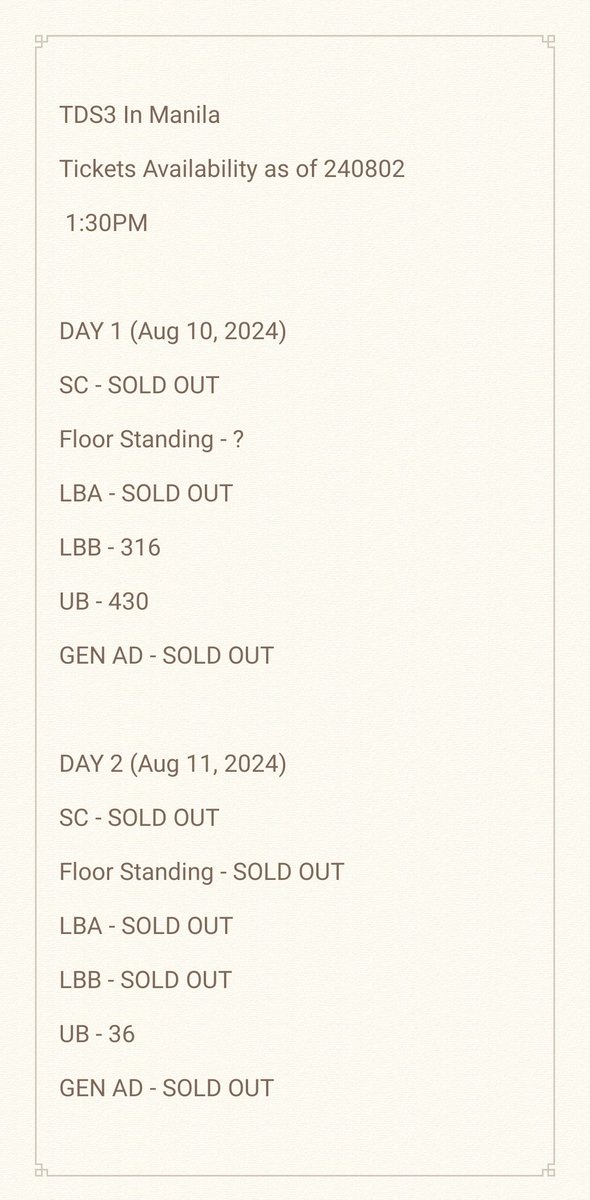 Yeone_27's tweet photo. TDS3 In Manila 
Tickets Availability as of 240802
 1:30PM
DAY 1 -Aug 10, 2024
SC - SOLD OUT
Floor Standing - ?
LBA - SOLD OUT
LBB - 316
UB - 430
GEN AD - SOLD OUT

DAY 2 -Aug 11, 2024
SC - SOLD OUT
Floor Standing - SOLD OUT 
LBA - SOLD OUT
LBB - SOLD OUT
UB - 36
GEN AD - SOLD OUT https://t.co/eDhNYhBOmZ