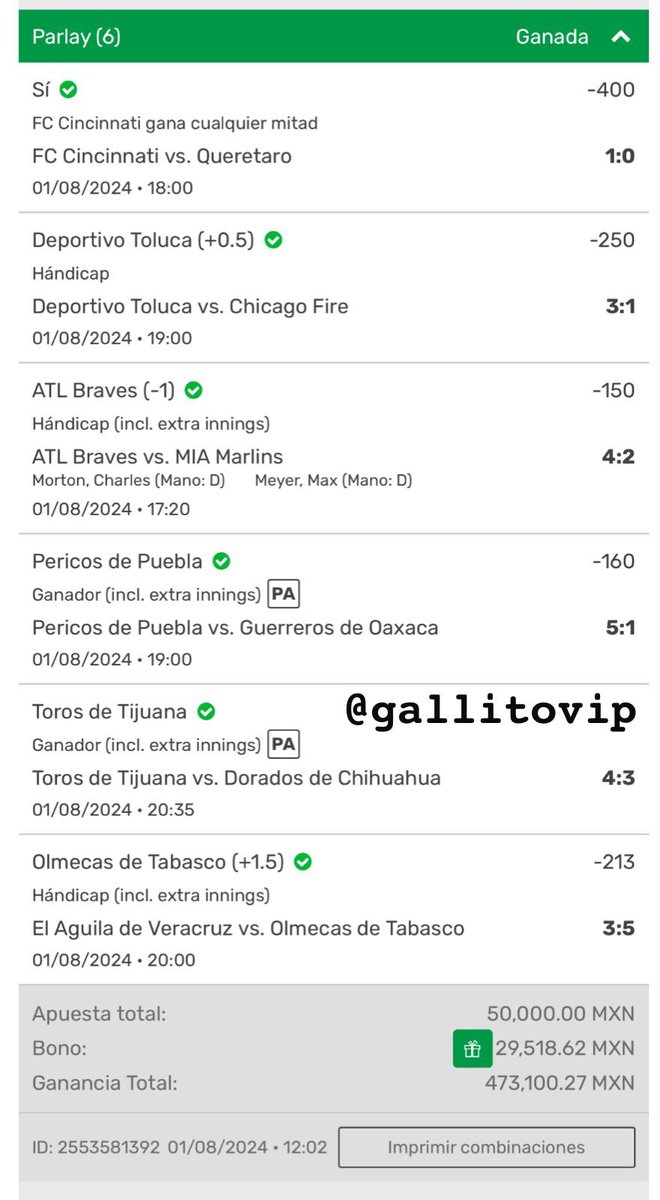 GallitoVip's tweet photo. HACIENDO HISTORIA UNA VEZ MAS JUNTOS GANANDO LA JUGADA DE MI VIDA + PARLEY BOMBA, LOCURA TOTAL🚀

SE VAN 30,000 DE REGALO A LOS RT Y ❤️

GRACIAS POR VIVIRLO UNA VEZ MAS JUNTOS😈

PREMIUM AL 70 % DE DESCUENTO👇🏻
https://t.co/Cn0hCIEOd9 https://t.co/b7P1w4hrab