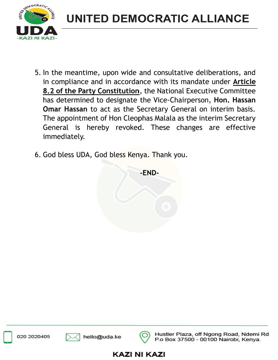UDAKenya's tweet photo. Statement 

Hon. Hassan Omar Hassan takes over as the Secretary General on an interim basis.
The appointment of Hon Cleophas Malala as the interim Secretary General is revoked. 

These changes are effective immediately. https://t.co/0DihCuGCB8