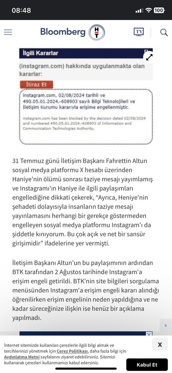 Bu ne? 2024 ün Türkiye’sinde Hamas lideri için Instagrama erişim engelleniyor. Bizene! Siz kimsiniz de bir Arap için bizim özgürlüğümüzü engelliyorsunuz? İlkel kafa yapısıyla Demokratik ülke yönetip saltanat yaşıyorsunuz. Yeter kardeşim. Ülkeyi çocuk parkına çevirdiniz. #çökmedi