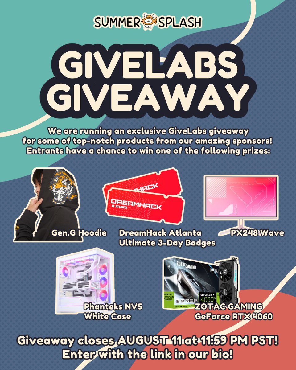 Come join <a href="/summersplashna/">Summer Splash</a> ‘s GiveLabs Giveaway!

2x DreamHack Atlanta Ultimate 3-Day Badges @intelgaming
2x @zotac_usa GeForce RTX 4060
3x @geng Hoodies
1x @Phanteksusa NV5 White Case
1x @pixiogaming PX248 Wave

ENTER BY LINK IN BIO

🎨Graphics by <a href="/notquitekit/">kit!! 🍞🔜 ax r34</a>