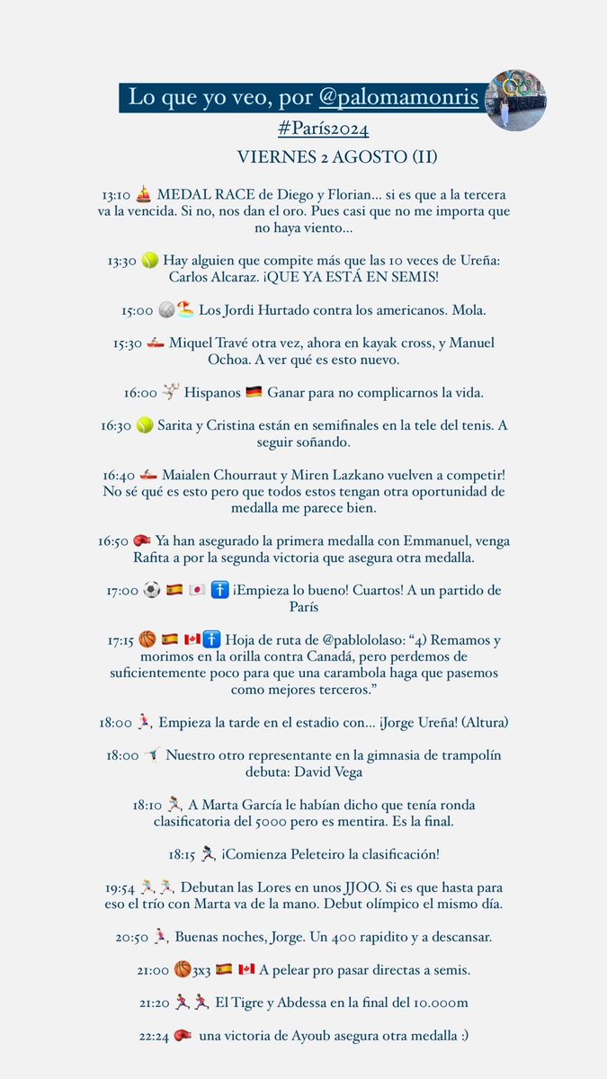 🔜 Viernes 2 de agosto 

🇪🇸 en #Paris2024         

⬅️ Lo que hay (por <a href="/Info_Olimpica/">InfoOlímpica</a>)

➡️ Lo que yo veo