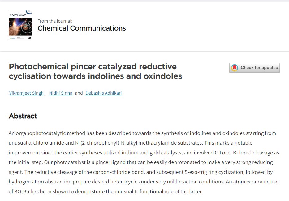 Nidhi Sinha (@nsinha_) on Twitter photo Happy to share my first publication <a href="/ChemCommun/">Chemical Communications</a> entitled as "Photochemical pincer catalyzed reductive cyclisation towards indolines and oxindoles". Special thanks to <a href="/vjstvicky/">Vikramjeet Singh</a> and the team <a href="/DA_catalysisLab/">DA_LAB IISER Mohali</a>.
pubs.rsc.org/en/content/artโฆ Happy to share my first publication <a href="/ChemCommun/">Chemical Communications</a> entitled as "Photochemical pincer catalyzed reductive cyclisation towards indolines and oxindoles". Special thanks to <a href="/vjstvicky/">Vikramjeet Singh</a> and the team <a href="/DA_catalysisLab/">DA_LAB IISER Mohali</a>.
pubs.rsc.org/en/content/artโฆ