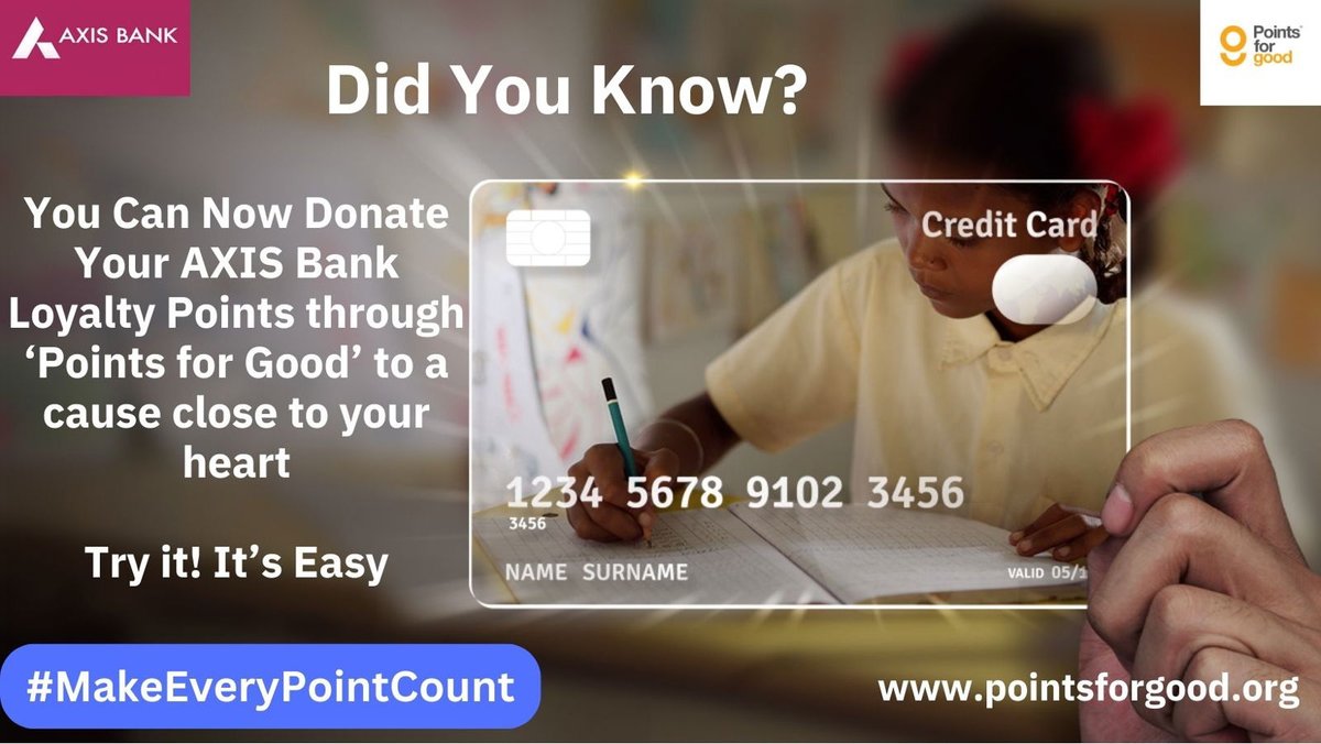 points4good's tweet image. Axis Bank OLYMPUS Credit Card holders can now redeem their Reward Points via the Axis Edge Rewards Portal to 'Points for Good'.

To know how: tinyurl.com/PFGAXIS
To Redeem: tinyurl.com/AXI-PFG
pointsforgood.org

#makeeverypointcount #donateyourloyaltypoints