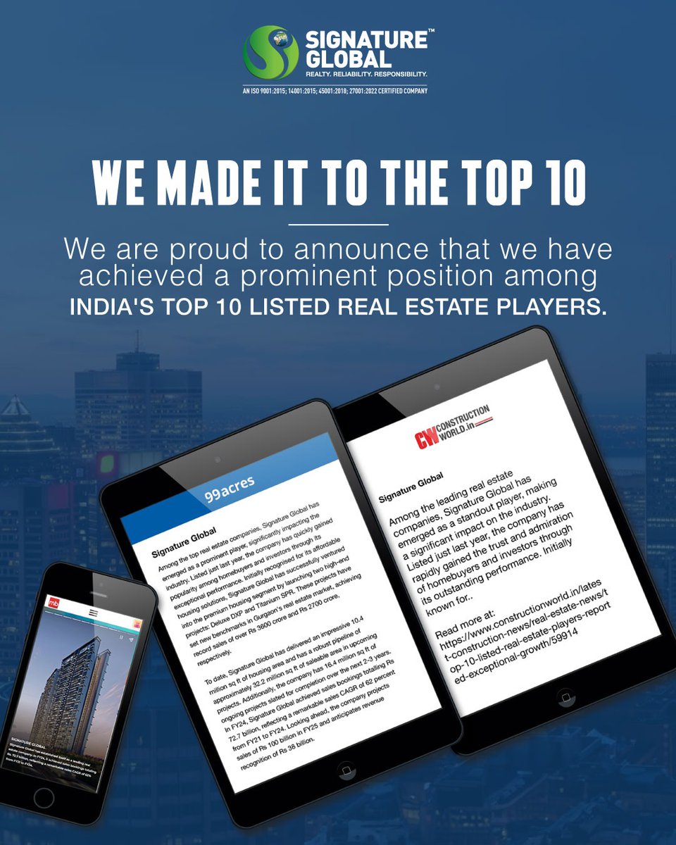 Signature Global (@signatureglobal) on Twitter photo Proud to announce that Signature Global has been recognized among the Top 10 Real Estate Players in India by 99acres, Magicbricks.com, and Construction Week! This prestigious acknowledgment, based on current market capitalization, reflects our commitment to excellence and Proud to announce that Signature Global has been recognized among the Top 10 Real Estate Players in India by 99acres, Magicbricks.com, and Construction Week! This prestigious acknowledgment, based on current market capitalization, reflects our commitment to excellence and