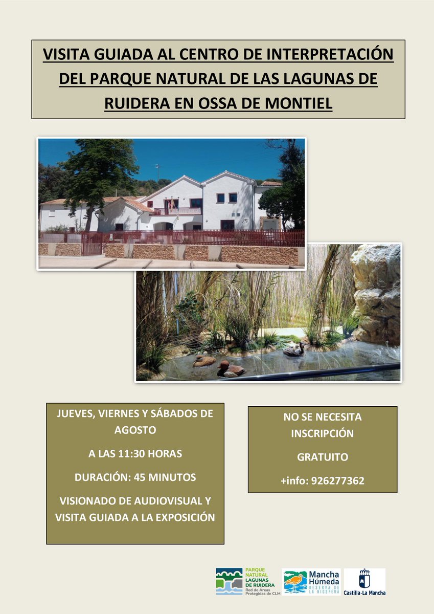 PNLagRuidera's tweet photo. Si te acercas al Parque Natural de las Lagunas de Ruidera en agosto, te ofrecemos visitas guiadas gratuitas al Centro de Interpretación. Historia, flora, fauna, geología a tu alcance. ¡NO TE LO PIERDAS! https://t.co/ipw3zKvOc9