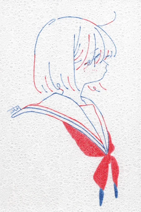#私はこういう絵師です見た絵師全員参加赤青鉛筆と透明水彩でセーラー服少女を描きます 