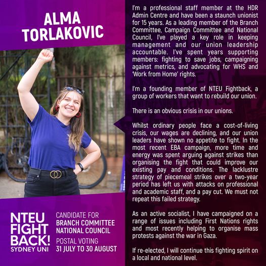SydneyFight's tweet photo. Alma  Torlakovic is a long-term union activist from the HDR Admin Centre. She was key to pushing for escalating strike action and no diminution of conditions in our last EA campaign. Find out how to support Alma and  NTEU Fightback in the NTEU elections: https://t.co/dQhG3IuBhJ https://t.co/LNl7ELCep6