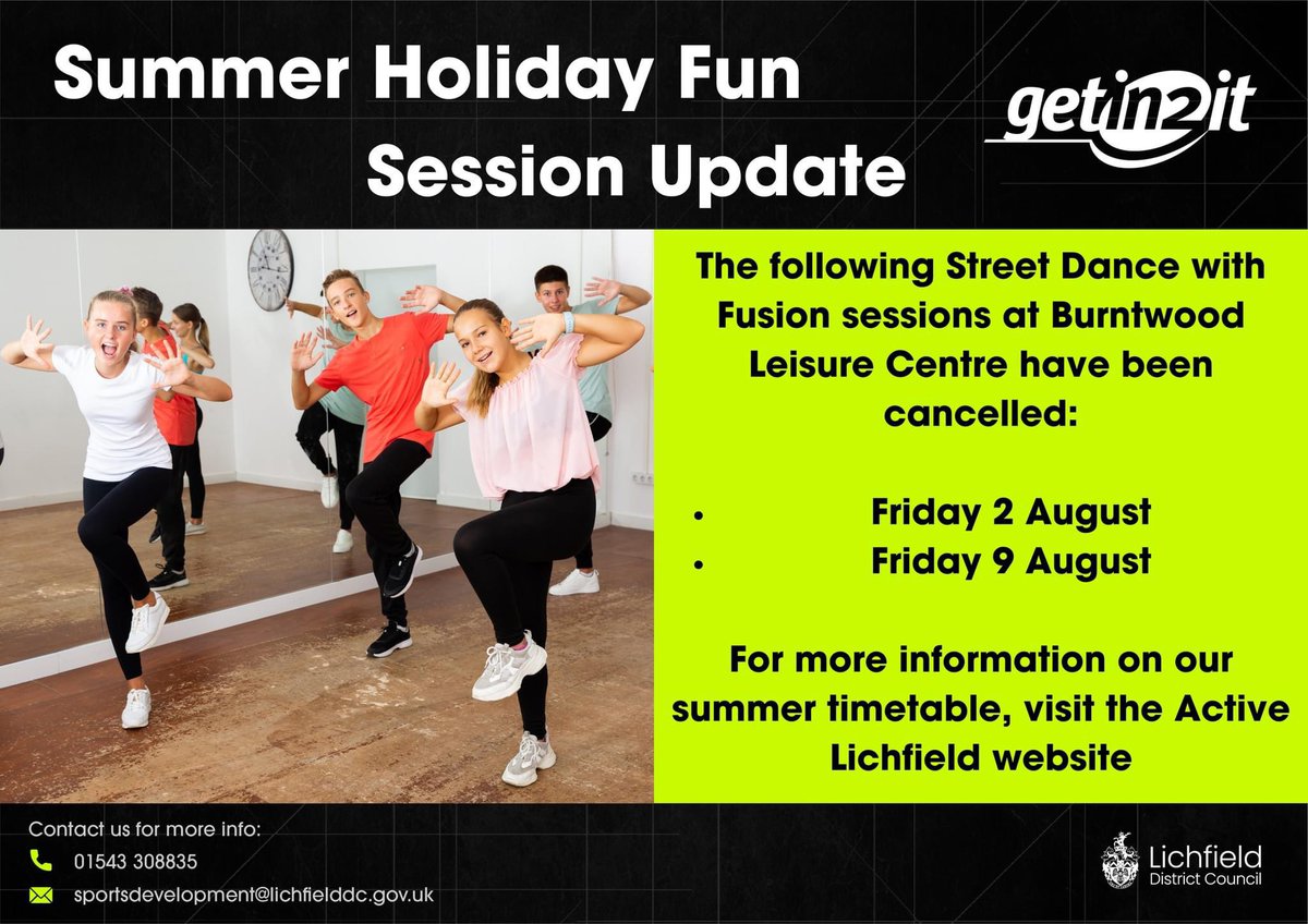 Getin2itLDC's tweet image. ❗️ #Getin2it Summer Holiday Fun Session Update ❗️

#activelichfielddistrict #ActiveCommunities #Lichfield #Burntwood