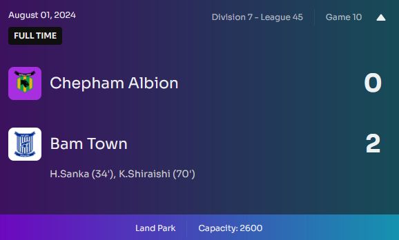 important win on Land Park
Chepham Albion was in position to challenge our 2nd spot, but denied by Sanka and Shiraishi

one more tough match is ahead, with Culmsley Rangers

#Footium #Division7 #BamBam