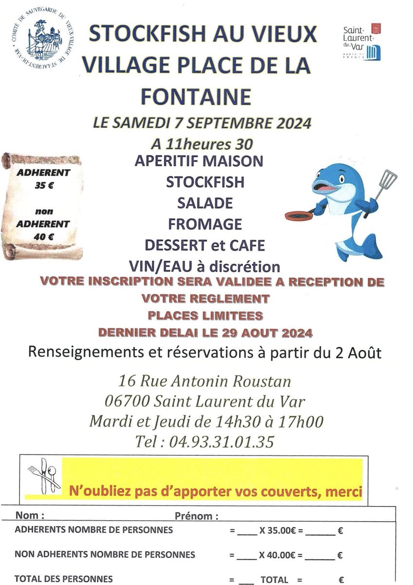 AssoRVPB's tweet photo. 🐟#Infos #Sorties #CSVV #Slv06
Samedi 7 septembre à partir de 11h30, le Comité de sauvegarde du vieux village de #SaintLaurentDuVar organise son #StockFish, Place de la Fontaine.
🎟️Places limitées, renseignements et réservations à partir du 2 août. https://t.co/M0Bg49J4F6