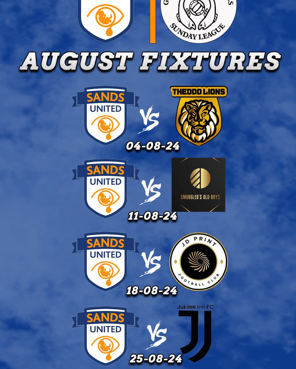 SandsunitedC's tweet photo. 🧡💙AUGUST FIXTURES💙🧡

Sands United Grimsby &amp; Cleethorpes 2nd August Fixtures all of these are pre season friendlies.

🧡💙UTS💙🧡 https://t.co/Jh4swnzHNG