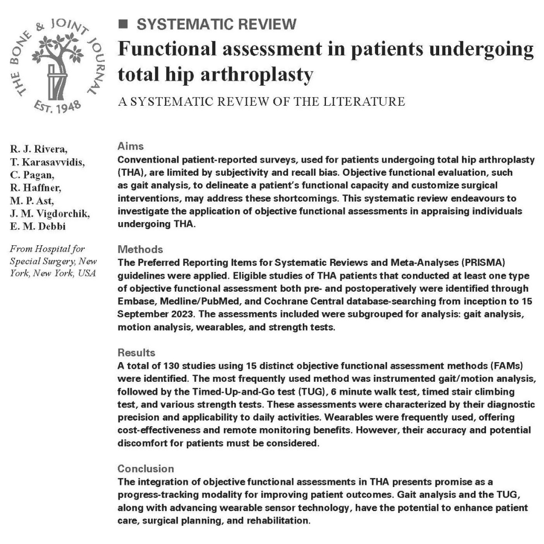 The integration of objective functional assessments in total hip arthroplasty are promising as progress-tracking modalities for improving patient outcomes.

#BJJ #Hip #Surgery #Patients @RickyRiveraMed <a href="/TheoKarMD/">Theofilos Karasavvidis</a> @Cale_Pagan <a href="/HSpecialSurgery/">Hospital for Special Surgery (HSS)</a>

ow.ly/yW1Z50SN0MV