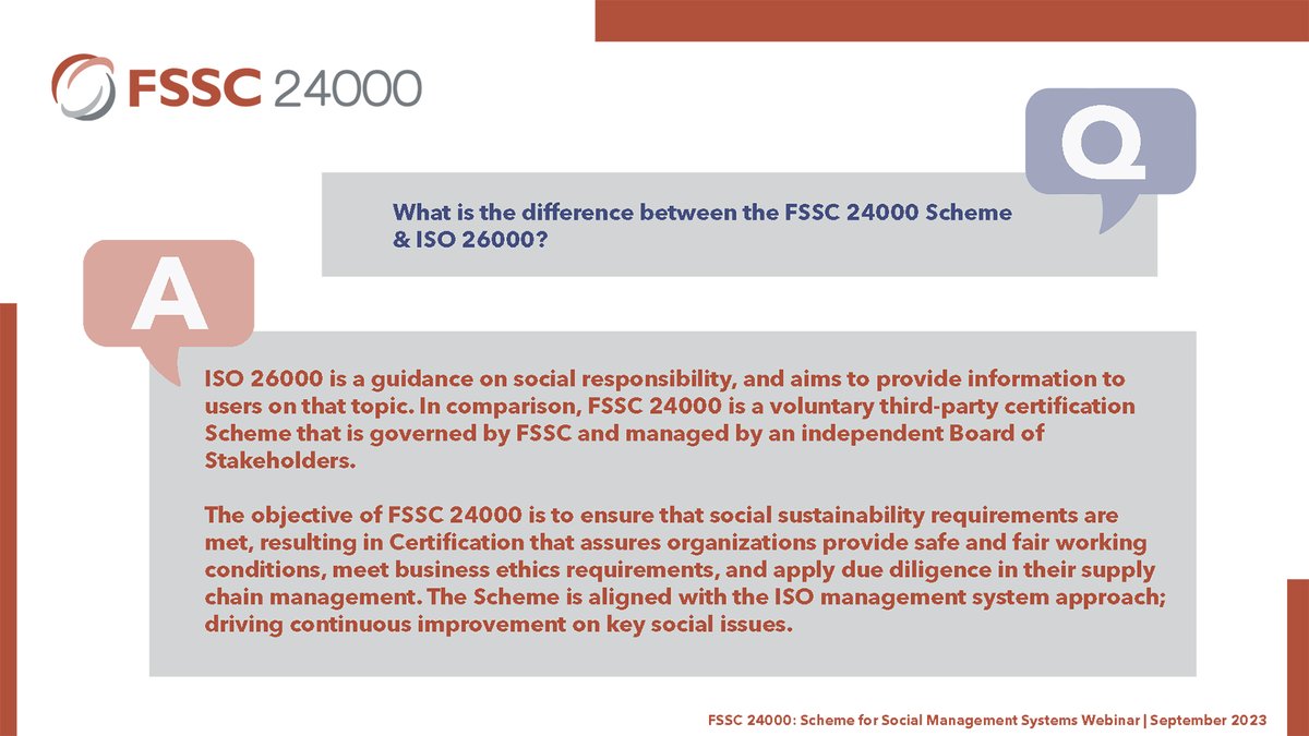 How does #FSSC24000 compare to other #socialsustainability programs and systems? 
The main difference between FSSC 24000 &amp; #ISO26000 is that one is Guidance, and the other is Certification. 📖 Find out more via the #FSSC website: fssc.com/schemes/fssc-2…

#HRDD #SSCI #IMS