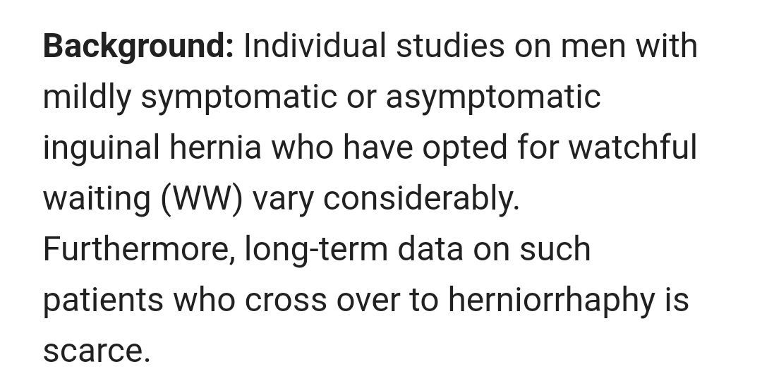 eurohernias's tweet image. buff.ly/3LIiYIT Watchful waiting to surgery in men with mildly symptomatic or asymptomatic #InguinalHernia: an individual participant data meta-analysis of long-term follow-up of #RCTs. 

#HerniaSurgery #GroinHernia