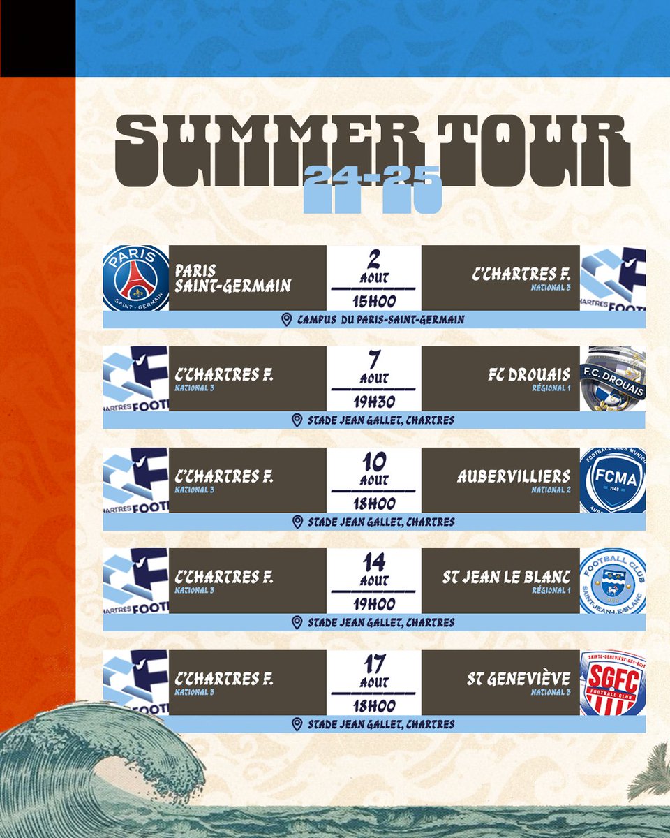 𝙎𝙪𝙢𝙢𝙚𝙧 𝙏𝙤𝙪𝙧 ☀️📋

Voici 𝙡𝙚 𝙘𝙖𝙡𝙚𝙣𝙙𝙧𝙞𝙚𝙧 𝙙𝙚𝙨 𝙢𝙖𝙩𝙘𝙝𝙨 𝙙𝙚 𝙥𝙧𝙚́𝙥𝙖𝙧𝙖𝙩𝙞𝙤𝙣 de nos Chartrains, avec un premier test aujourd’hui au campus du Paris Saint-Germain ! 💪🏻

*𝑃𝑟𝑜𝑔𝑟𝑎𝑚𝑚𝑒 𝑠𝑜𝑢𝑠 𝑟𝑒́𝑠𝑒𝑟𝑣𝑒 𝑑𝑒 𝑚𝑜𝑑𝑖𝑓𝑖𝑐𝑎𝑡𝑖𝑜𝑛
