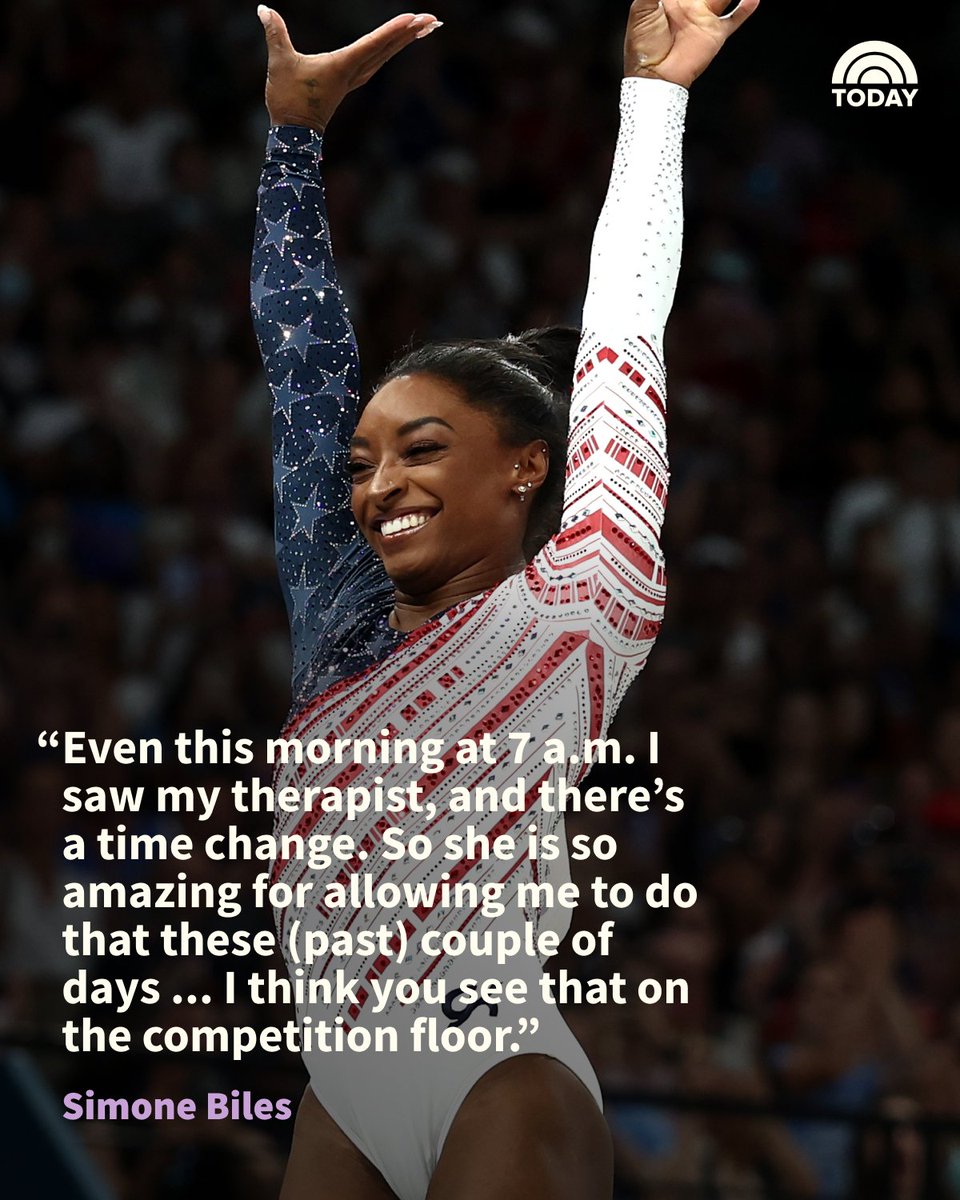 During a press conference following her win in the women’s all-around women's finals, Simone Biles told told reporters that her day began with a session with her therapist.

Biles has spoken openly about turning to therapy as a tool in recent years. During a 2021 interview with