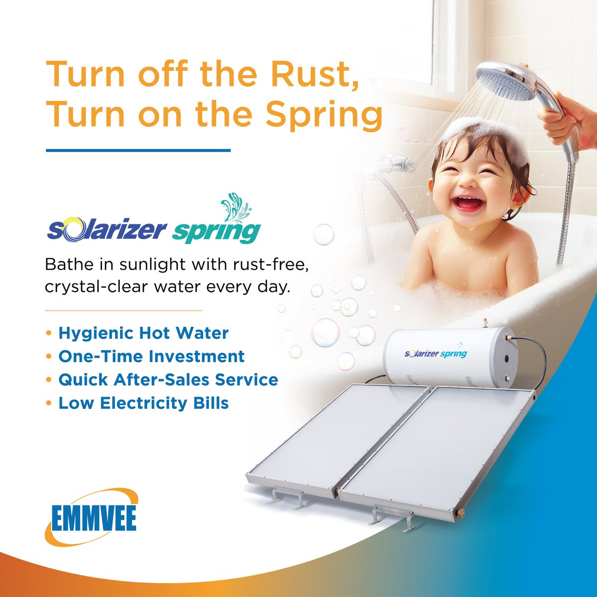 Why Settle for Rust?
Turn on the Spring!

Transform your water heating experience today!

#Emmvee #solarwaterheater #Solar #Manufacturing #Solarizer #Sun #EmmveeGroup #India