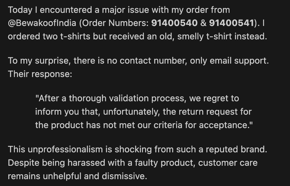 ArnavGupta180's tweet photo. Received a faulty product and shockingly, @bewakoof customer care is unprofessional. 
@prabhkiran13 @JagooGrahak @ConsumerRights https://t.co/nDOjD2Tul9