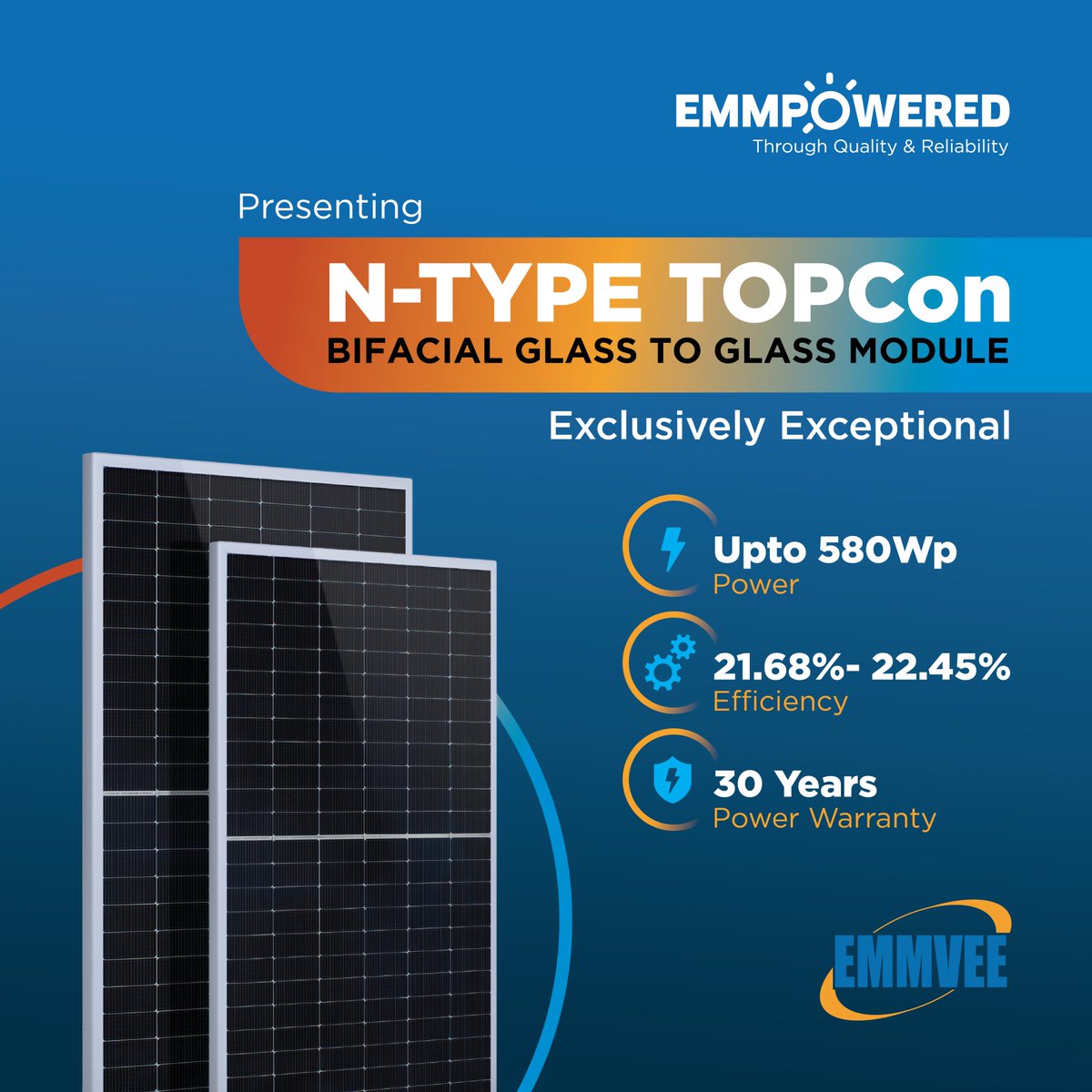 Power up your solar game with the N-Type TOPCon Bifacial Glass-To-Glass Solar Module, your gateway to next-generation solar energy.  Backed by a robust 30-year power warranty, they offer unparalleled durability and efficiency.

#Emmvee #TOPCon #Solar #Power #Energy #Efficiency