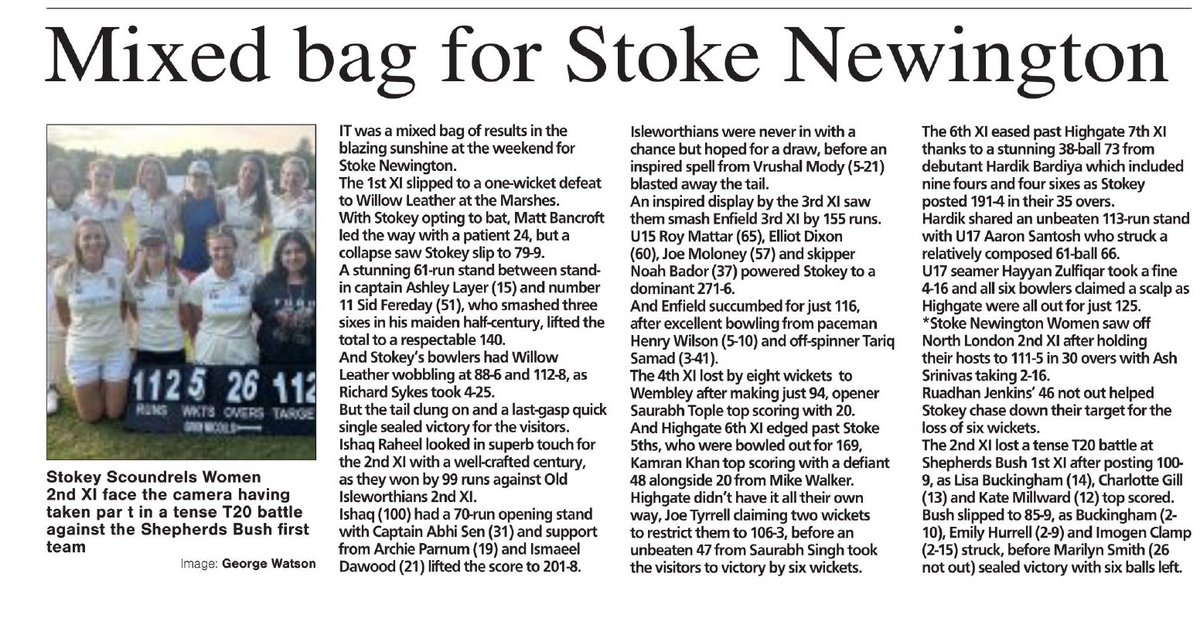 <a href="/StokeyCricket/">Stoke Newington CC</a> results roundup! 
#attheheartofhackneycricket