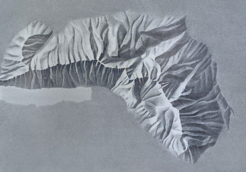 A manual shaded relief of Churfirsten, Switzerland, by Eduard Imhof. You can try emulating his style digitally with multi-scale DEMs of the same mountain available here: shadedrelief.com/SampleElevatio…