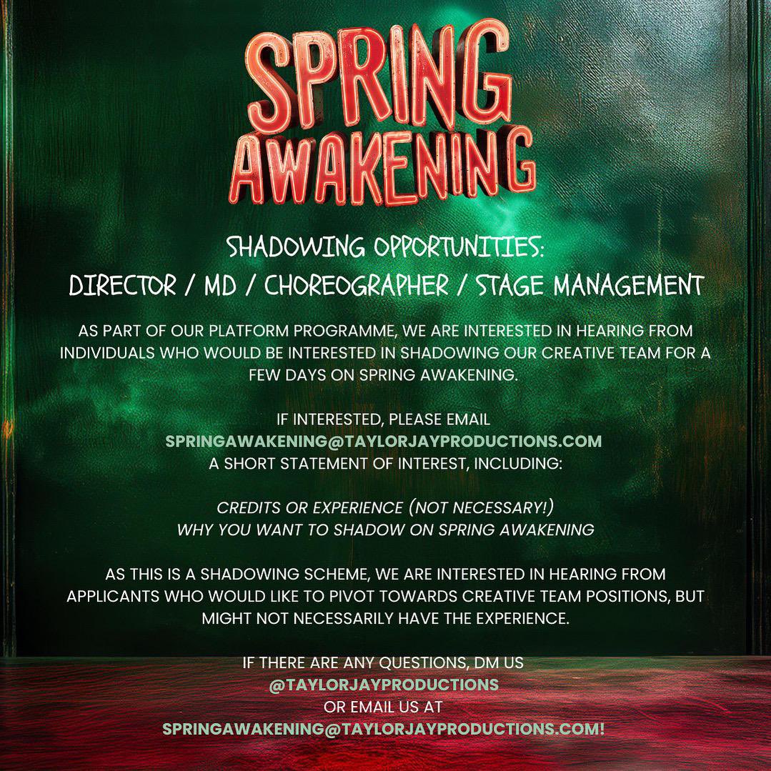 _taranoonan's tweet photo. CALLOUT FOR CREATIVES INTERESTED IN DIRECTING / MD / CHOREOGRAPHY

We are running a shadowing scheme on Spring Awakening for creatives who are interested in production team positions but might not necessarily have the experience! https://t.co/f7HpR9JNug