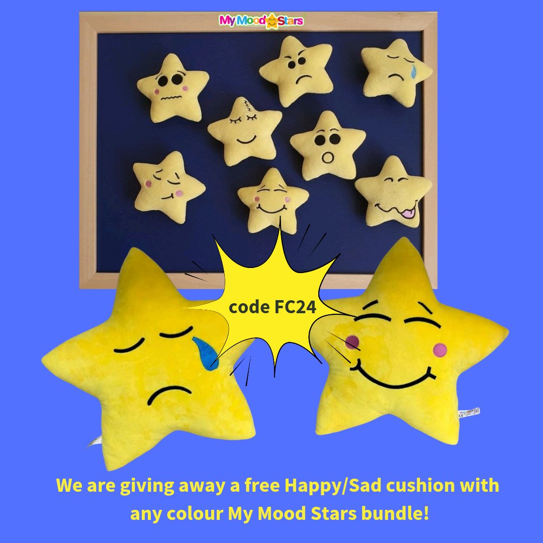 Grab while you can!
A free giant Happy/Sad cushion (RRP £10.99) with any colour My Mood Stars bundle (only £34.99)
An essential resource for supporting children with emotional wellbeing.
mymoodstars.co.uk