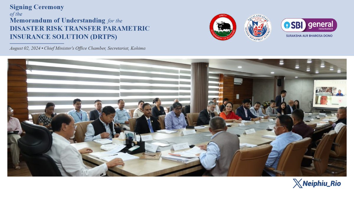 Neiphiu_Rio's tweet photo. The State Govt. &amp; @sbigeneral signed an MoU for DRTPS, making Nagaland the 1st Indian state to implement this disaster mngt. insurance. A parametric multi-year risk transfer solution, it will aid in protecting the State's critical infra. &amp; reduce economic losses due to disaster. https://t.co/FzyFUbiZEr