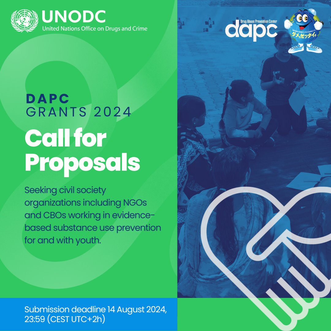 UNODC Prevention Treatment Rehabilitation Section (@unodc_ptrs) on Twitter photo 💡Reminder for <a href="/UNODC/">UN Office on Drugs & Crime</a> #DAPC🔊Call for Proposals:
Seeking #NGOs & #CBOs working in:
▶️Evidence-based #substanceuse #prevention
▶️Youth #Empowerment
▶️Peer-to-peer education
☑️for & with #youth!🧒👧
Application period closes on 14 August 2024!⏰
ℹ️CfP 2024🔗is.gd/AwTZJ6 💡Reminder for <a href="/UNODC/">UN Office on Drugs & Crime</a> #DAPC🔊Call for Proposals:
Seeking #NGOs & #CBOs working in:
▶️Evidence-based #substanceuse #prevention
▶️Youth #Empowerment
▶️Peer-to-peer education
☑️for & with #youth!🧒👧
Application period closes on 14 August 2024!⏰
ℹ️CfP 2024🔗is.gd/AwTZJ6