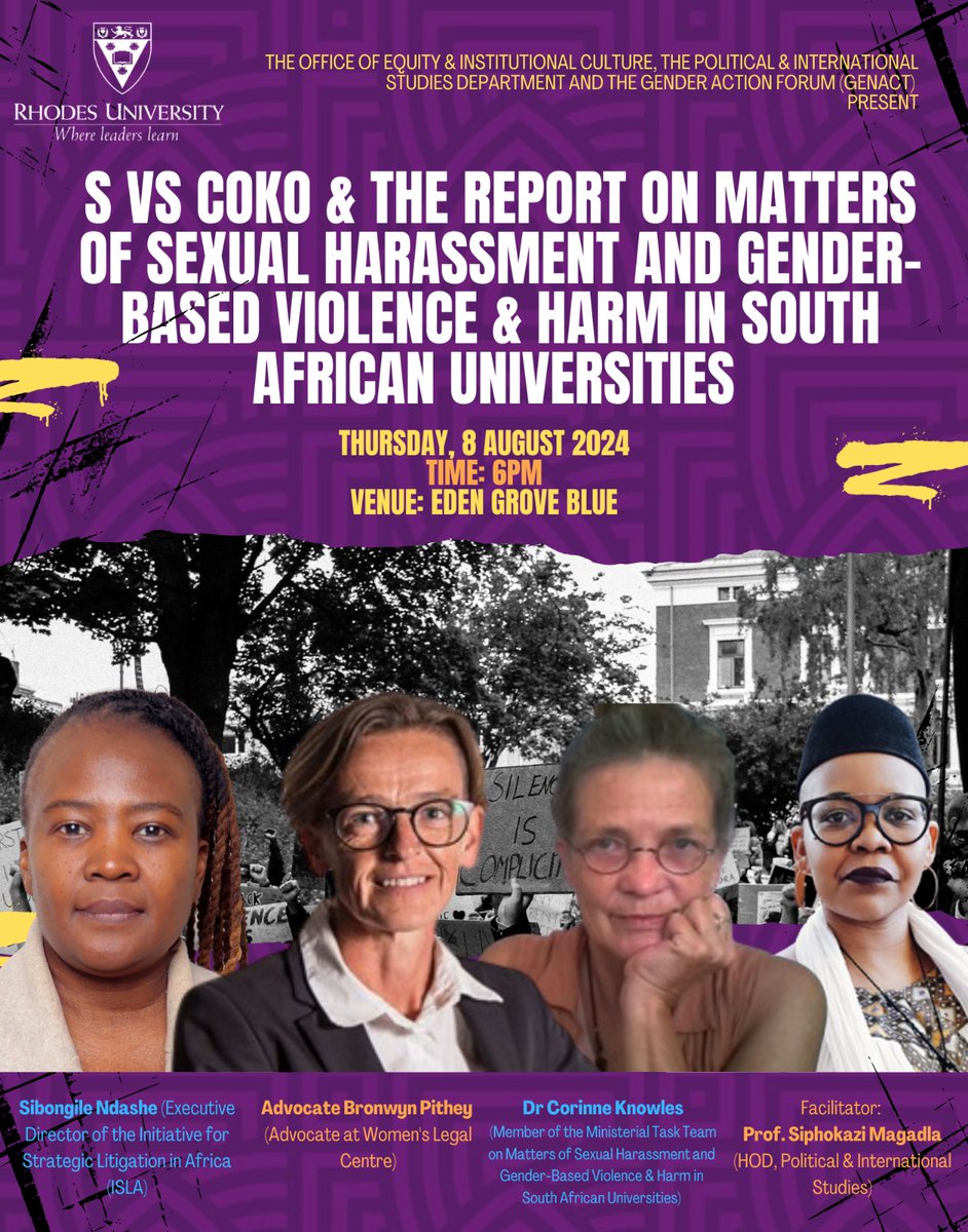 Rhodes_Uni's tweet photo. #RURises | This case, involving a Rhodes University master’s student, has been a significant point of reflection for us. 

The controversy surrounding the case, particularly the 2021 acquittal and subsequent legal debates about consent, has underscored the complexities and challenges in adjudicating intimate partner violence cases.

The panel will explore the importance of this ruling and how it must filter into the way in which institutions of higher learning respond to GBV.