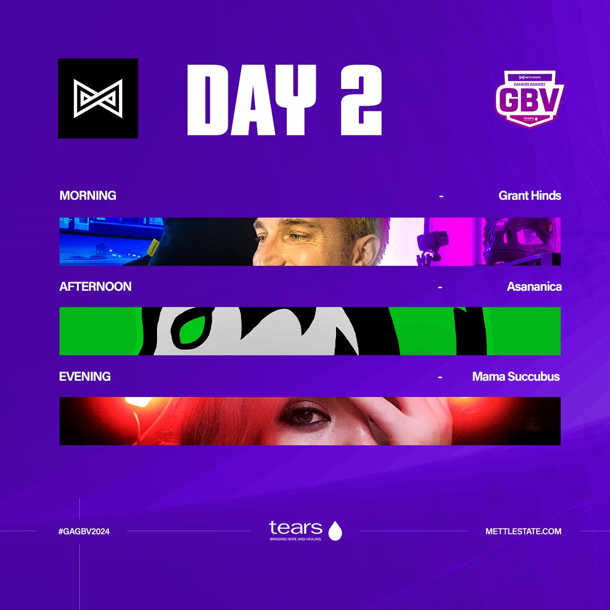 Mettlestate (@mettlestate) on Twitter photo 💜It's Day 2 of our #GAGBV2024💜 charity initiative!🥰
Our lineup today:
💜Afternoon - @Asananica81
💜Evening - <a href="/Mama_Succ/">Mama_Succubus</a>
💜<a href="/GrantHinds/">Grant Hinds</a> stream has been delayed, but you can catch all our other live streamers at 👉 tinyurl.com/GamersAgainstG…
<a href="/Tears_SA/">TEARS Foundation</a>
#GAGBV2024💜 #TEARS 💜It's Day 2 of our #GAGBV2024💜 charity initiative!🥰
Our lineup today:
💜Afternoon - @Asananica81
💜Evening - <a href="/Mama_Succ/">Mama_Succubus</a>
💜<a href="/GrantHinds/">Grant Hinds</a> stream has been delayed, but you can catch all our other live streamers at 👉 tinyurl.com/GamersAgainstG…
<a href="/Tears_SA/">TEARS Foundation</a>
#GAGBV2024💜 #TEARS
