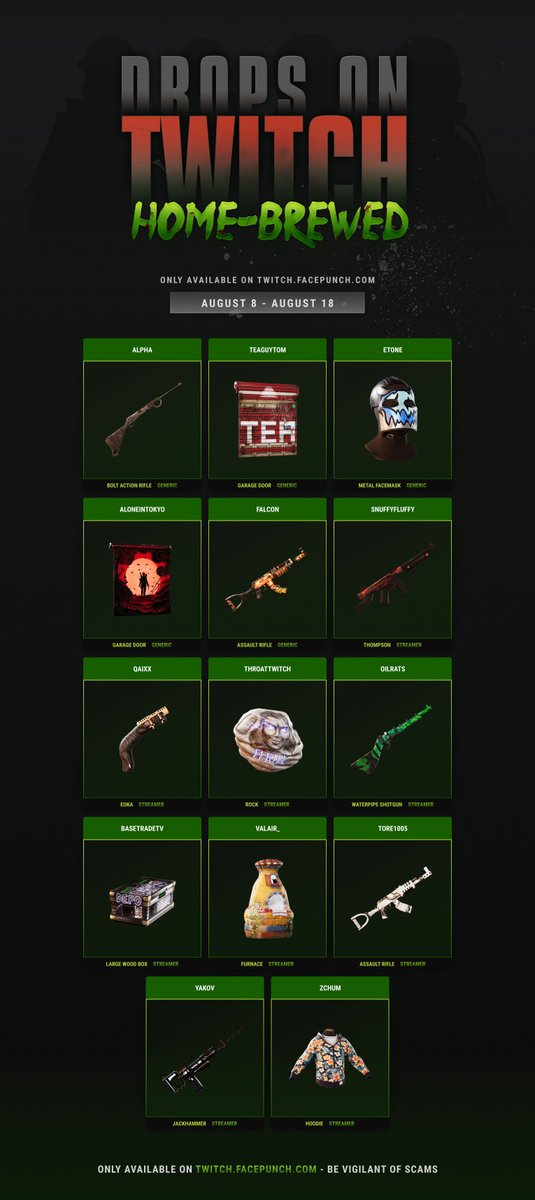 Alistair McFarlane (@alistair_mcf) on Twitter photo New Twitch drops starting next week, 8th August. Focusing on some awesome Rust creators!
Alpha RUST, <a href="/TeaGuyTom/">TeaGuyTom</a>, <a href="/et8ne/">etone</a>, <a href="/alone_in_tokyo/">aloneintokyo</a>,  <a href="/Falcononyt/">Falcon</a>, <a href="/itsYakov/">YAKOV</a>, <a href="/ZChumYT/">𝙕𝘾𝙝𝙪𝙢</a>, <a href="/snuffy_fluffy/">SnuffyFluffy</a>, <a href="/OilratsRust/">Oilrats</a>, <a href="/T0RE1005/">TORE1005</a>, <a href="/itsvalvalval/">VALAiR</a>, <a href="/Throat_YT/">Throat</a>, <a href="/BaseTradeTV/">BaseTradeTV</a> and <a href="/qaixxxx/">qaixx</a>  
Check out New Twitch drops starting next week, 8th August. Focusing on some awesome Rust creators!
Alpha RUST, <a href="/TeaGuyTom/">TeaGuyTom</a>, <a href="/et8ne/">etone</a>, <a href="/alone_in_tokyo/">aloneintokyo</a>,  <a href="/Falcononyt/">Falcon</a>, <a href="/itsYakov/">YAKOV</a>, <a href="/ZChumYT/">𝙕𝘾𝙝𝙪𝙢</a>, <a href="/snuffy_fluffy/">SnuffyFluffy</a>, <a href="/OilratsRust/">Oilrats</a>, <a href="/T0RE1005/">TORE1005</a>, <a href="/itsvalvalval/">VALAiR</a>, <a href="/Throat_YT/">Throat</a>, <a href="/BaseTradeTV/">BaseTradeTV</a> and <a href="/qaixxxx/">qaixx</a>  
Check out