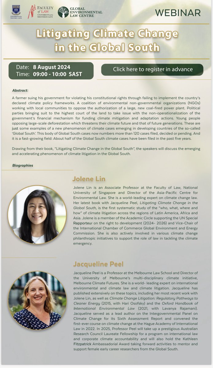 master_rochee's tweet photo. Join @GELC21 on Thursday 8 August 2024 from 09h00 - 10h00 AM SAST for our webinar with Prof Jacqueline Peel and Prof Jolene Lin who will be speaking about their new book titled "Litigating Climate Change in the Global South". Register here: https://t.co/tpfdEsRHPm https://t.co/4oKZhoJ3vU