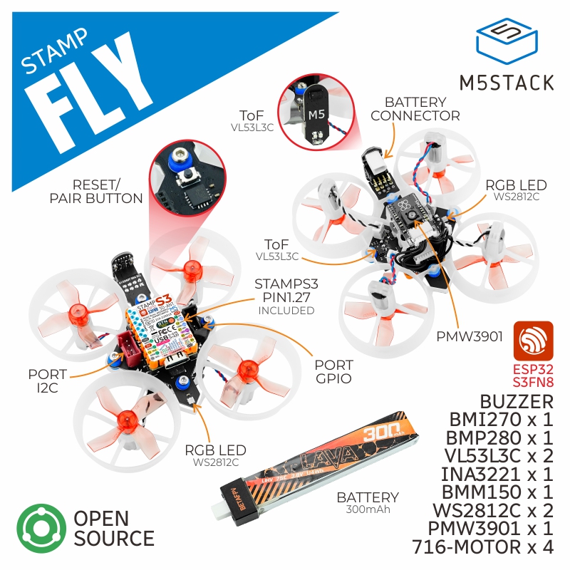M5Stack's tweet image. Friday #NewArrivals! 🎉🎉
Exciting News! Our cutting-edge #StampFly is now available for sale! 😍This open-source drone weighs just 36.2g and features the #ESP32S3 as its main controller.
@EspressifSystem #StampFly #M5Stack #drone #DIY #ESP32S