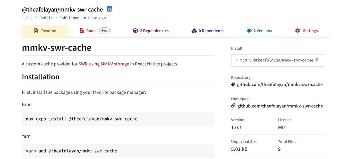 theafolayan's tweet image. We have a couple of internal dev packages we use at @MyTherapistng and we're open-sourcing them gradually for others to enjoy.
One of them is the custom mmkv cache provider we now use for data caching with the @vercel SWR library.
Switching to this provider gives your app…
