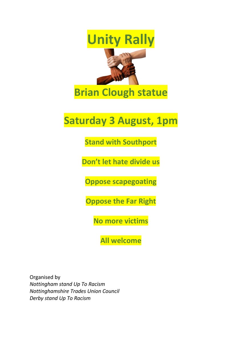 open_nottingham's tweet photo. Oppose the far-right!

Far-right thugs are holding a "vigil" in Nottingham at 2pm. 

Join the counter-protest from 1pm at the Brian Clough statue. https://t.co/qXwYF9C2Io