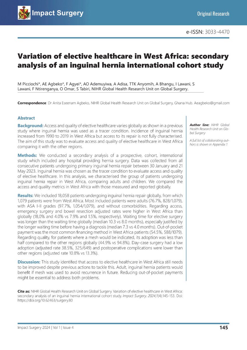 Variation of elective healthcare in West Africa: secondary
analysis of an inguinal hernia international cohort study