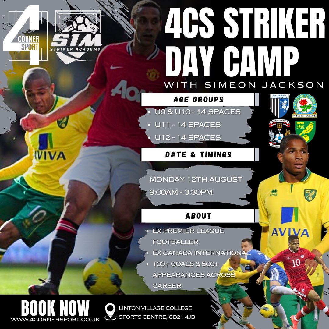 4cornersport1's tweet photo. Striker Day Camp with Simeon Jackson⚽️

Enjoy a full day of football, focusing on finishing, with a chance to train with Simeon Jackson.

Limited spaces are available and going fast!🚨

To book, please use the link below:

https://t.co/R71nlrwlk9 https://t.co/hFxfg2tPCs