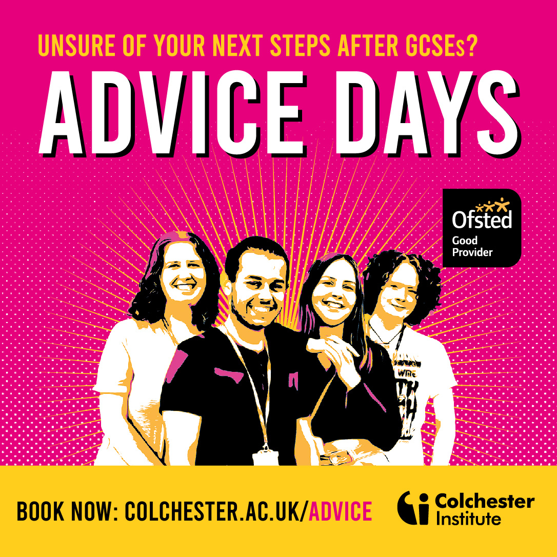 Today we are holding advice sessions at both our Colchester and Braintree Campuses✨ 
 
📍 Colchester Campus 📅 10am – 1pm  
 
📍 Braintree Campus 📅 2pm - 4pm. 
 
Book your advice session today via our website: 🔗colchester.ac.uk/advice