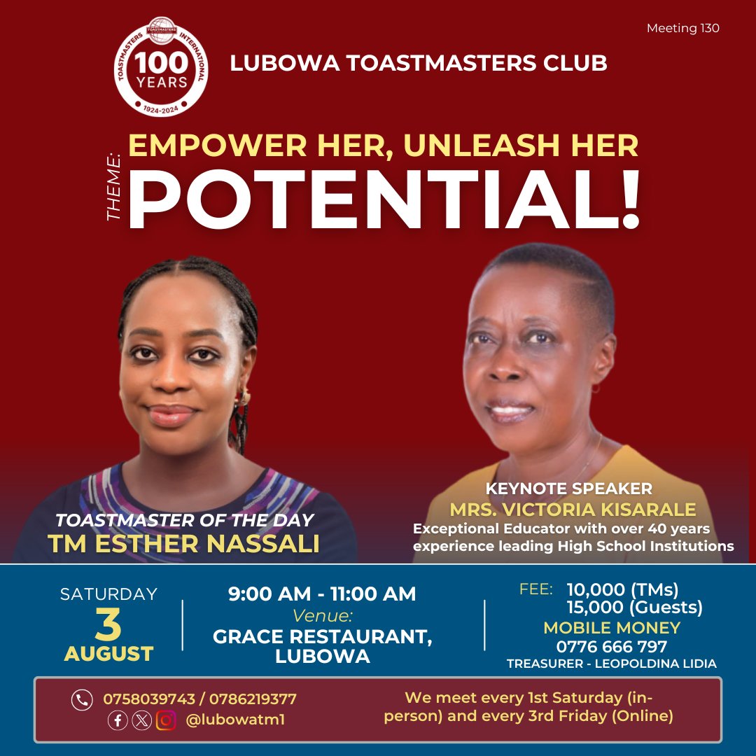 ✨Don't miss out on this! ✨
 Join us this Saturday, Aug 3, 2024, from 9:00AM -11:00 AM at Grace Restaurant Lubowa, as we  hear from our keynote speaker, Mrs. Victoria Kisarale, a seasoned educator with over 40 years of experience👌 Leading High School Institutions.