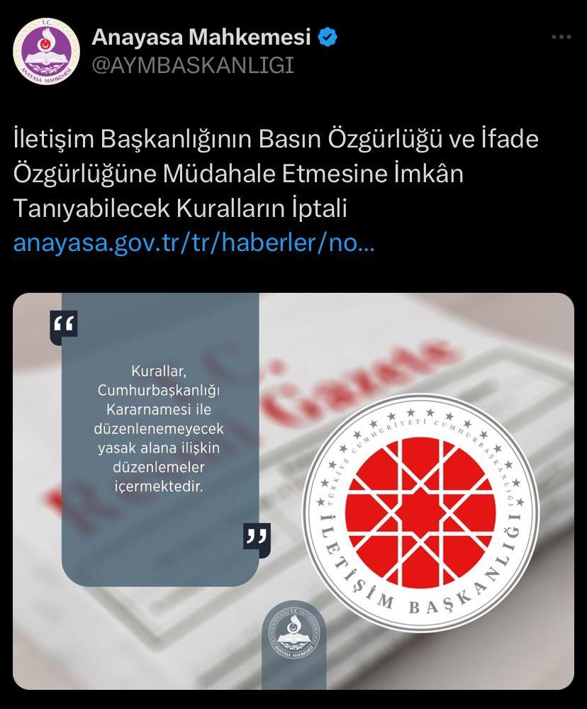 Anayasa Mahkemesi, İletişim Başkanlığı'nın ifade özgürlüğüne müdahale etmesine imkan tanıyabilecek kurallarını iptal edeli birkaç saat oldu. Sonra bu paylaşımı sildiler ve AYM internet sitesine ulaşılamıyor🤦‍♂️