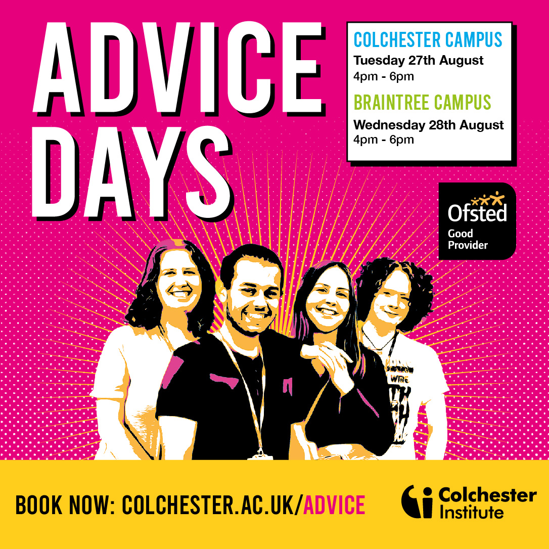 Bookings for our Advice Days next week are now open!📣✨
 
We have sessions available on: 
 
📅 Tuesday 27th August, 4pm – 6pm (Colchester Campus)
 
📅 Wednesday 28th August, 4pm - 6pm (Braintree Campus)
 
Book your advice session today via our website: 🔗colchester.ac.uk/advice