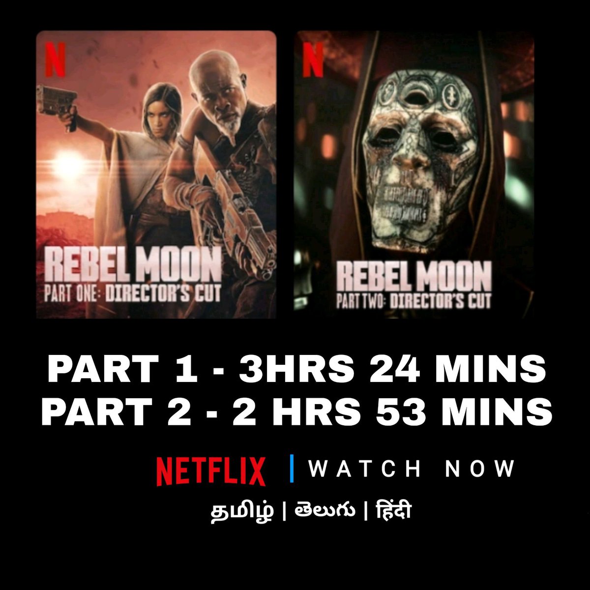 TrickTrackers's tweet photo. 📣 #StreamingAlert

#RebelMoon Part 1 &amp; 2 Director's Cut - Extended Cut Now Streaming In Tamil, Telugu, Hindi, English on @NetflixIndia 

🎭 Genre : Action | SciFi

#OTT_Now #Netflix https://t.co/4KBVVRbQNP