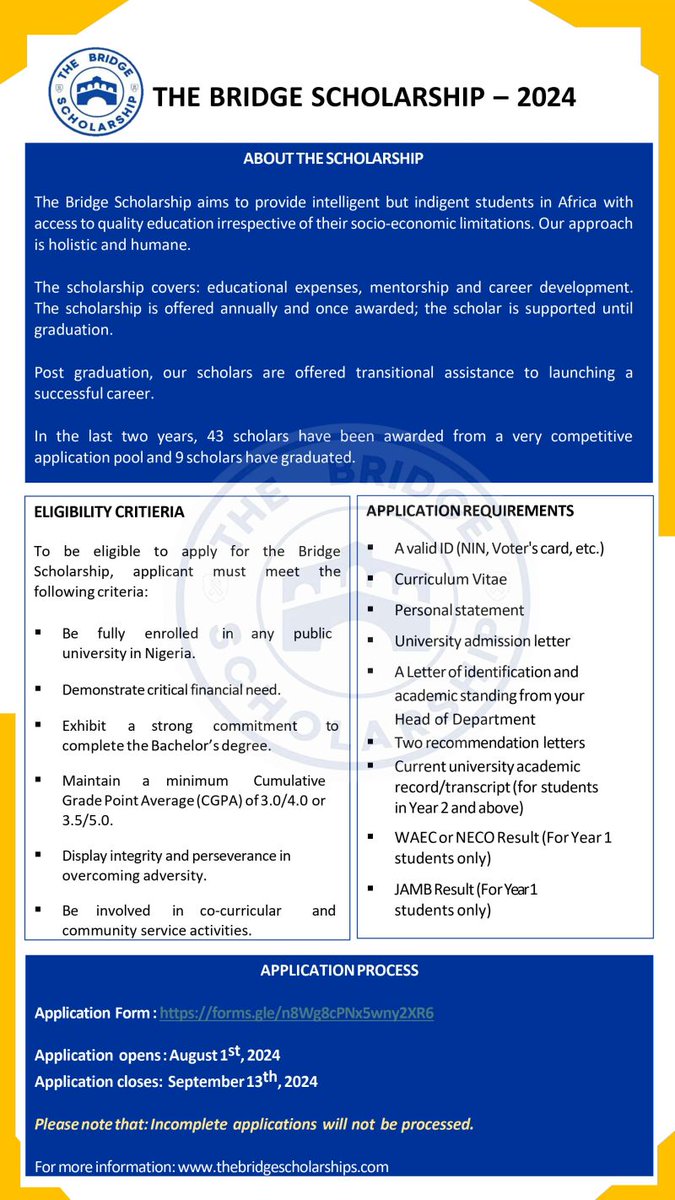 🎓️ Scholarship Alert! 🎉 2024 Bridge Scholarship for bright &amp; motivated undergrads facing financial hardship. 

Apply now! ⬇️⬇️⬇️
rb.gy/0a64fa

⏰ Deadline: 13th Sept 2024 

 #Scholarship #FinancialAid #Undergraduate #Opportunity"
