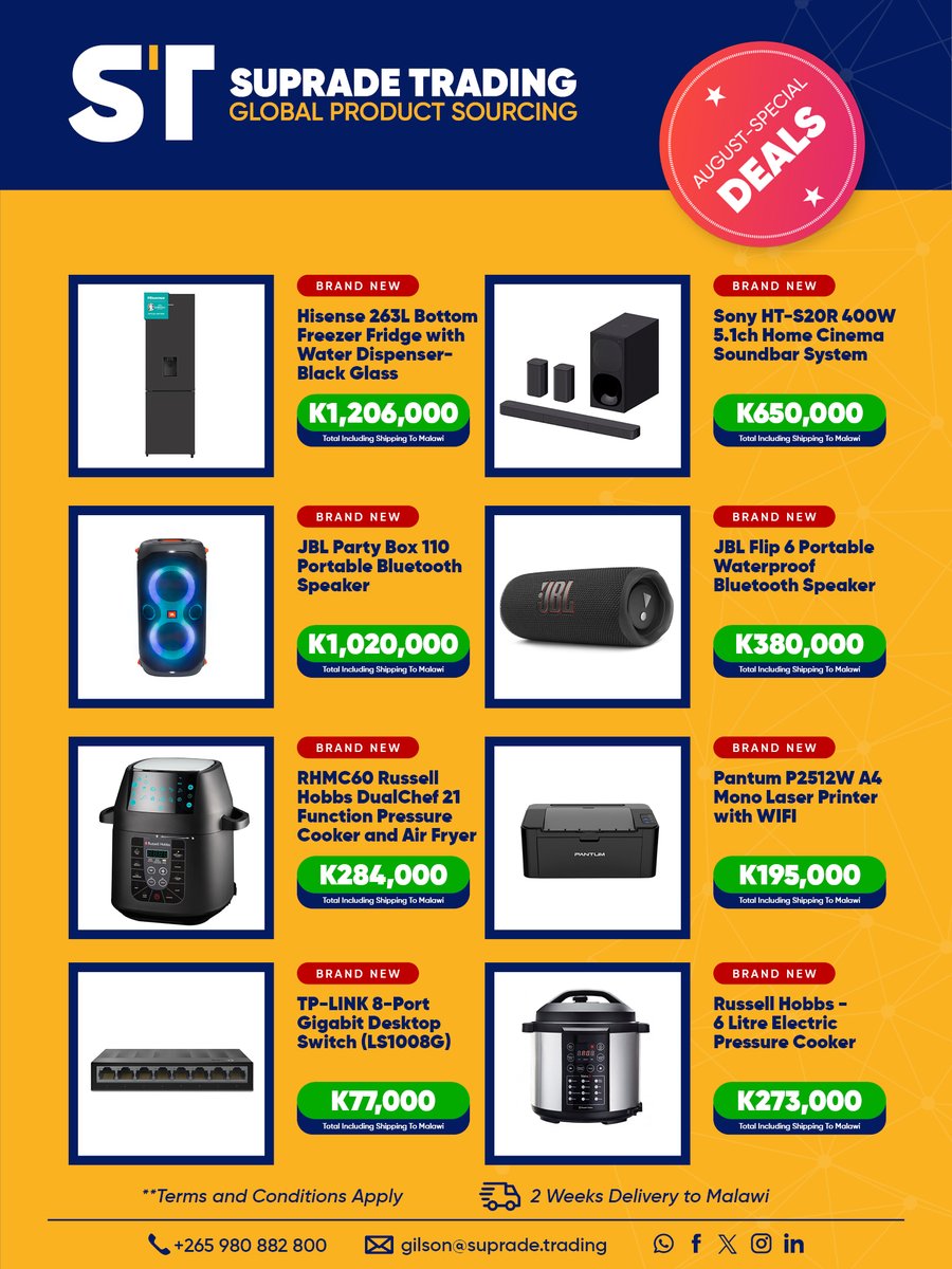 suprademw's tweet photo. Upgrade Your Home &amp; Office This August with Suprade's Sizzling Deals!

Join our WhatsApp group to stay up-to-date on our latest offers. 
https://t.co/7MZoeGQ9kL

#SupradeTrading #AboveAndBeyond https://t.co/TNhRH3bexM