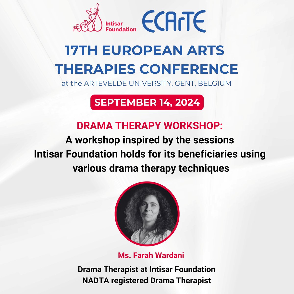IntisarFound's tweet image. 📣 The Intisar Foundation is excited to join the 17th European Arts Therapies Conference at Artevelde University, Gent! On Sept 14, our drama therapist Farah Wardani, will present a workshop on using #dramatherapy to support women affected by war in #Lebanon and #Jordan. 🎭