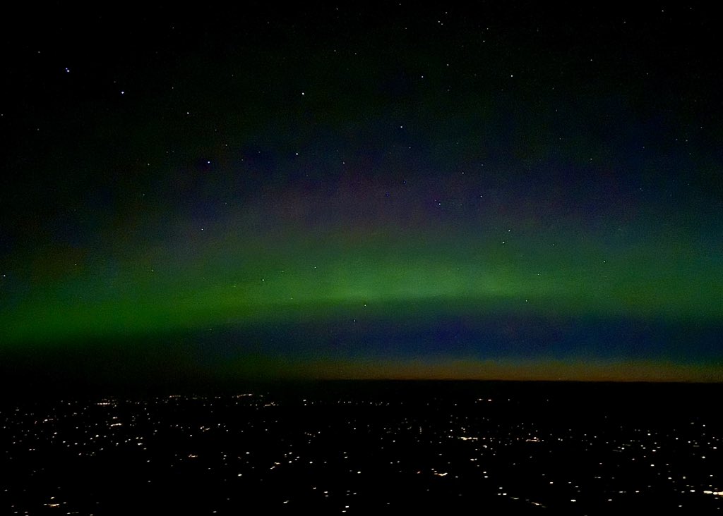 RyanVoutilainen's tweet photo. Considering the current conditions, I’m impressed I’m getting any #aurora at all — 2:19a CST/MDT over #Ituna #SK — while this is enhance by iPhone, I can also see the green with the naked eye! Seen from #AC316 at 37000ft
#AuroraWatch #AuroraBorealis #NorthernLights #SolarStorm @TamithaSkov @PeterVogel